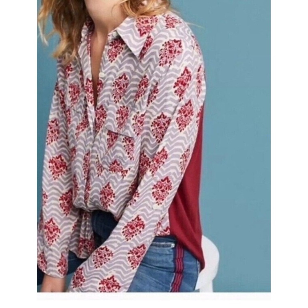 Porridge Button Down Shirt sz L Burgundy Mixed Media boho medallion button shirt